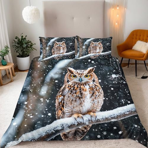 Bedding Bettwäsche 240x260 Set 3 Teilig Mikrofaser Warme Kinder Bettwäsche-Sets 3D Eule auf einem Ast im Schnee Bettbezug 240x260 Deckenbezug + 2 Kissenbezüge 80x80 mit Reißverschluss Eckbinder