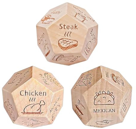COACOM 3 Pezzi di Dadi Alimentari A 12 Lati, Dadi di Decisione in Legno Creativi, Puzzle di Riposo, Piccolo Regalo Riutilizzabile, Divertente.