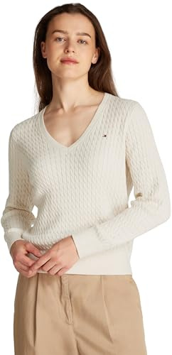 Tommy Hilfiger Damen Pullover Cable Fine mit V-Ausschnitt, Beige (Heather Ivory Petal), XXL