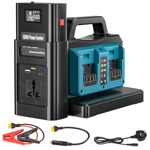 Adisipsoarin 500W Pure Sine Wave Power Inverter for Bosch 18V GBA Battery, 4-Ports DC 18V to AC Outlets 230V Car Charger Plug Inverter Adapter Converter for Camping, Travel, Emergencies(Tool Only)