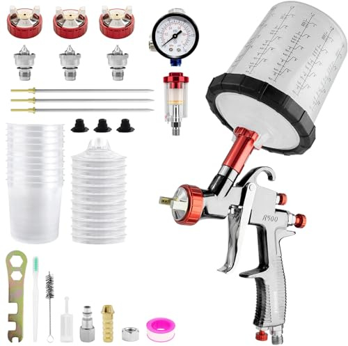R500 LVLP Luftspritzpistole Spritzpistole Lackierpistole mit 10 Stück 650ML Einwegbechern Spritzpistole Cups 3 Düse 1,3/1,5/1,7 mm und Luftregler Farbsprühsystem (3 Düsen mit 10 Einwegbechern)
