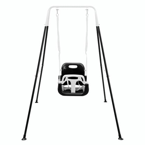 FUNLIO 3-in-1 Toddler Swing Set with 4 Sandbags, Indoor/Outdoor Baby Swing with Foldable Metal Stand, Kids Swing Set for Backyard, Clear Instructions, Easy to Assemble & Store - Black