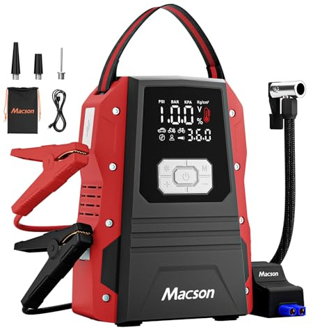 Macson 5000A Car Battery Booster Jump Starter - Portable 12V Jump Box Battery Pack for 9.0L Gas/8.0L Diesel Engines, Jump Starter with 150PSI Auto Tire Inflator, Jumper Cables, Fold-Up LED Flashlight