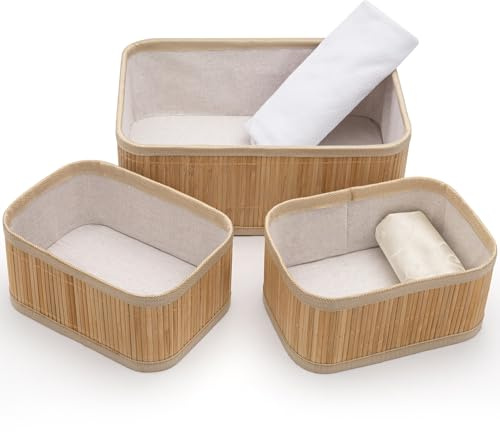 3er Set Bambus Aufbewahrungskörbe mit Stoffeinsatz – Storage Baskets für Bad & Wickeltisch – 1x 32x22x12 cm & 2x 21x15x10 cm – Organizer Korb Natur