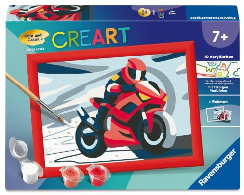 Ravensburger CreArt 12023176 - Motorradfahrer - Malen nach Zahlen für Kinder ab 7 Jahren, Malset mit Rahmen, Pinsel, Acrylfarben, Geschenk für Mädchen und Jungen