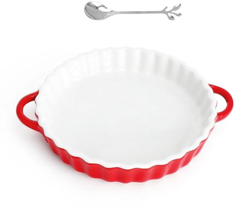UOCAI Tarteform Keramik mit Griffen Backform Rund Auflaufform Kuchenform Quicheform für Quiche Tartes Pie Rot Pizza mit Kleinen Löffel 26 * 21 * 4cm