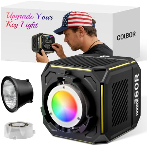 Colbor Lampe vidéo LED 60 W, lumière COB RGBCW portable avec batterie intégrée 59 Wh, bicolore 2700 K-6500 K et couleur, IRC 96+, contrôle par application, prise en charge de l'alimentation PD/DC
