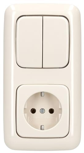 Busch-Jaeger Busch-Duro 2000 SI Komplettset: 20 EUC-212 SCHUKO Steckdose + 2000/5 US Serienschaltereinsatz + 2505-212 Wippe + 2512-212 Abdeckrahmen Cremeweiß