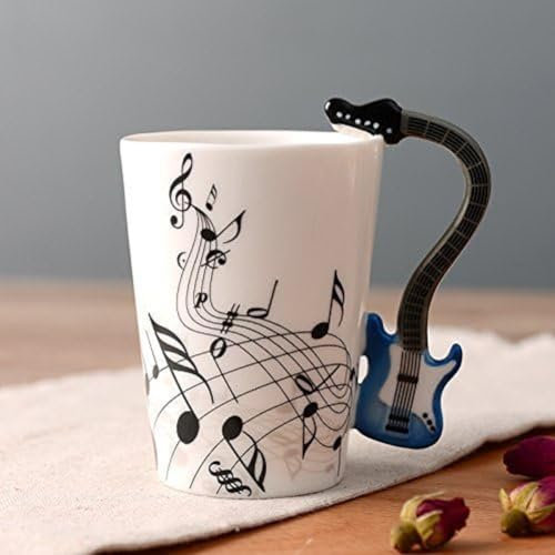 Kompassswc Lusitige Keramiktasse mit Motiv Henkel Gitarre Kaffeetasse Porzellan Tee Kaffeebecher Musiknoten Bedruckt Geschenk Tasse Ø7,5 H10cm 0,3L (Blau)