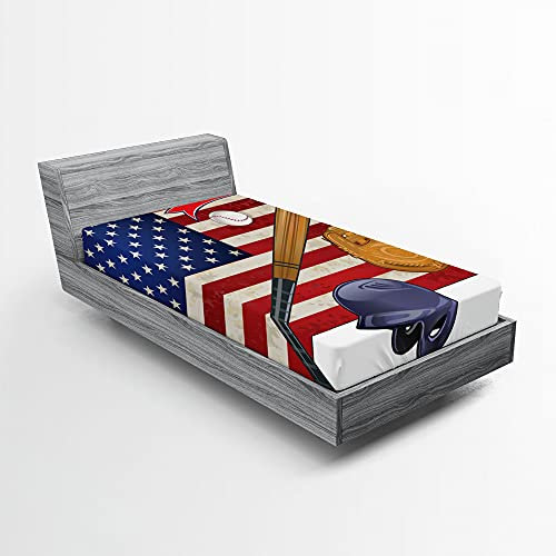 ABAKUHAUS Sport Spannbetttuch, USA-Flagge und Baseball, Soft Dekorativer Stoff Bettwäsche Rund-um Elastischer Gummizug, 90 cm x 200 cm, Rot Navy