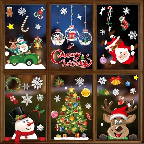 Christmas Window Stickers 8 Sheets Window Sticker Decor Snowflakes Window Pictures for Doors, Shop Windows, Glass Fronts, Christmas Decoration Reusable