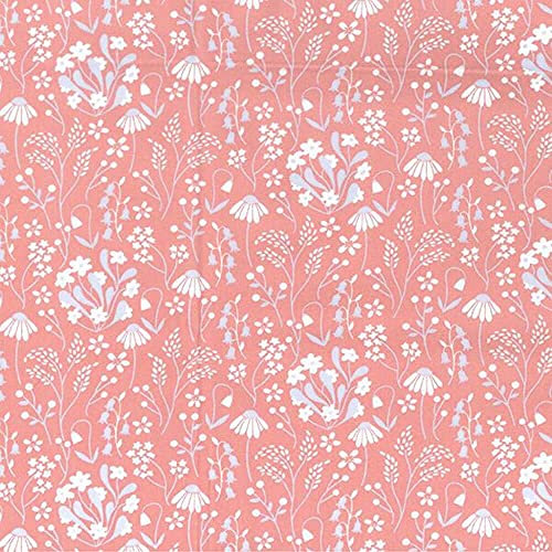 100% Cotton Poplin Fabric Rose & Hubble Bluebells White Ditsy Floral Flowers - Rose (Price Per Metre)