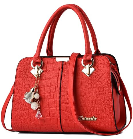 FORRICA Handtaschen Damen Elegant Henkeltasche mit Schön Anhänger Mode Frauen Schultertasche PU Leder Umhängetasche für Einkaufen Pendeln Rot A