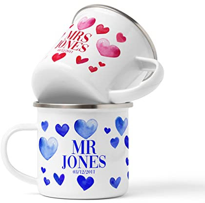 WOWZ DESIGN & PRINT DESIGN LTD Personalised Mr & Mrs Red & Blue Tin Mugs, Newlyweds Gifts, 10 Year Anniversary Tin Mug Set, Tin Years Gift, Tin Anniversary