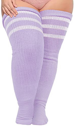 Moon Wood Damen Kniestrümpfe Extra Lange Overknees Strümpfe Thigh High Socken Soft Thermo Leg Warmers Plus Size,Hellviolett & Weiß