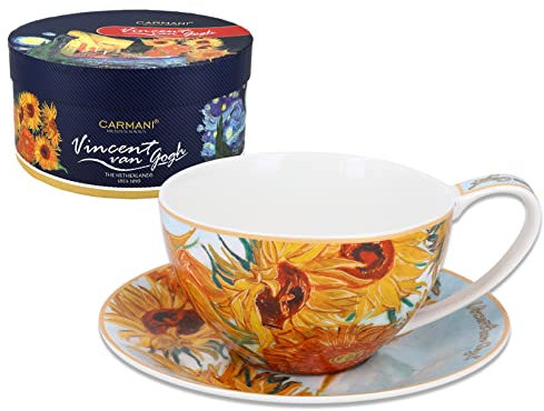 CARMANI - Porzellan-Set für Tee, Kaffee, Cappucino-Tasse und Untertasse mit Vincent Van Gogh, Sonnenblumen 360 ml