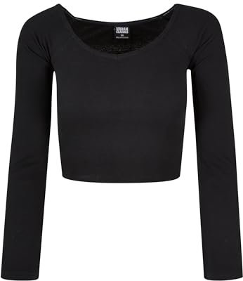 Urban Classics Damen Ladies Short Rib Wide V-Neck Longsleeve T Shirt, Schwarz, L EU