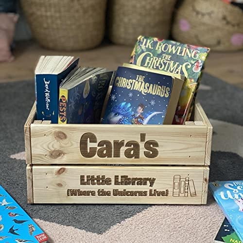 Luck and Luck Personalised Wooden Little Library Crate, Story Book Box, Childrens Cuddly Toy Box with Name, Bedroom Storage, Engraved Crate, Dogs Toy Box