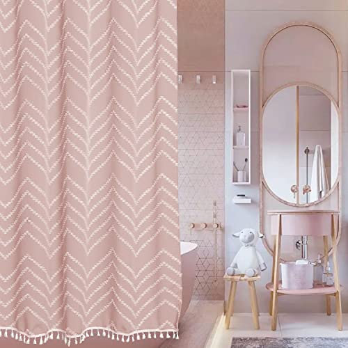 Siiluminisoy Petit rideau de douche bohème en tissu tissé 91,4 x 183 cm, motif chevron touffeté, texturé, moderne, minimaliste pour salle de bain, rose