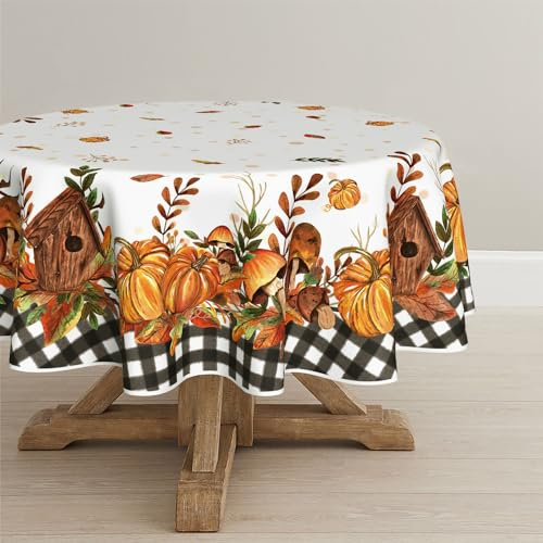 Horaldaily Herbst Tischwäsche 150x150 cm Rund, Erntedankfest Herbsternte Kürbis Schwarze Karierte Tischdecke für Party Picknick Abendessen Dekor