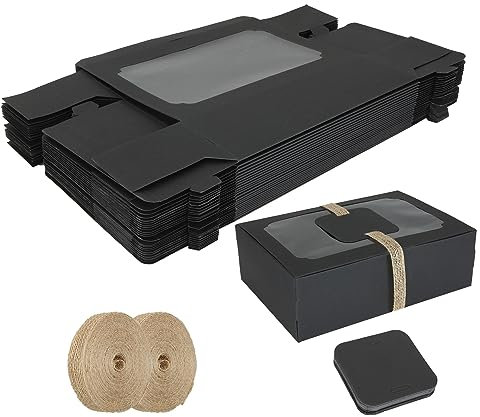 CYEER 24 Pack Kraft Cookie Boxes with Window, 8.7 x 6 x 2.7 inch Brownie Boxes with Window, Cards and Twine, Black Paper Gift Box Candy Boxes for for Bakery Treat Brownie Cookies, Muffins