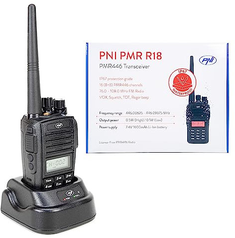 Stazione radio portatile PNI PMR R18, 446 MHz, 0,5 W, 8 canali, CTCSS, DCS, radio FM, programmabile, impermeabile IP67