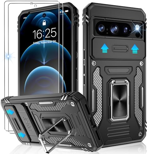 Jshru for Google Pixel 8 Pro Case with Screen Protector [2 Pack] and Slide Camera Cover,Military Grade Shockproof,Armour Phone Cover with Ring Kickstand,Pixel 8Pro Black