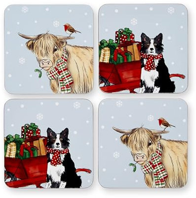Cooksmart Pack of 4 Drink Coasters | British Designed Eco Cork Drinks Coasters For Modern Homes | Coasters For Drinks For All Types of Cups & Mugs - Christmas On The Farm