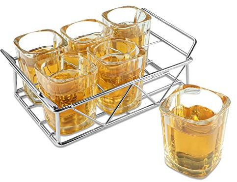 LELE LIFE Juego de 6 vasos de chupito con soporte de acero inoxidable, juego de vasos de chupito cuadrados de 60 ml, divertidos vasos de tequila, regalos de tequila geniales para hombres, fáciles de