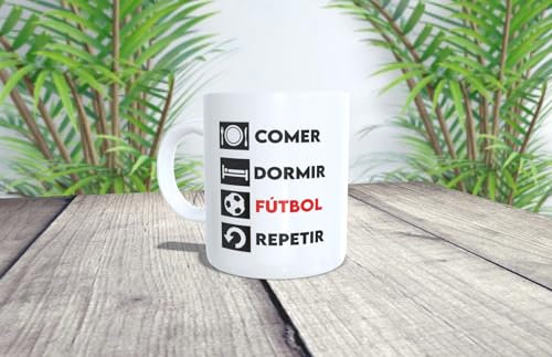 Taza personalizada Comer, Dormir, Fútbol, Repetir. Porque así es la vida para cualquier hincha.