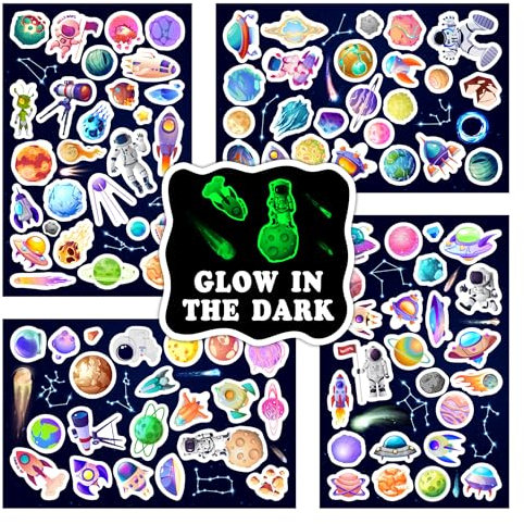 Space Planet Wasserflaschen-Aufkleber für Kinder, leuchten im Dunkeln, 119 Stück, Vinyl, Astronaut, wasserdichte Aufkleber für Laptop, Skateboard, Handyhülle, niedliche Galaxie-Aufkleber für Teenager