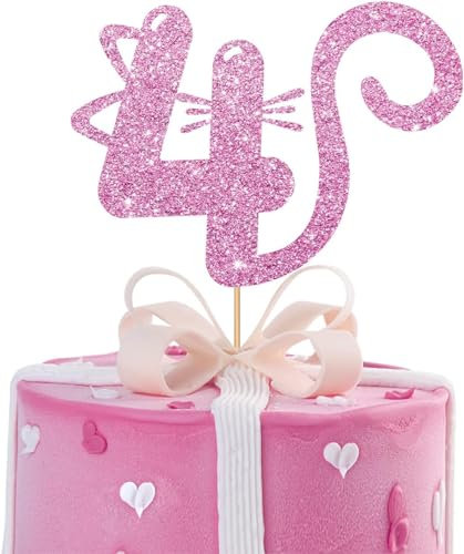 Cake Topper 4 Geburtstag Glitzer Geburtstagskuchen Deko Rosa Katzen Tortendeko Mädchen Für 4 Jahre Alt Geburtstag Party Dekorationen