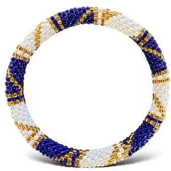 Yvelise Bracelet femme Népalais en perles Dhangadhi authentique- Fait main au Népal - Bleu Blanc Or