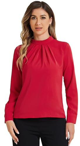 Allegra K Fall Winter Stand Collar Chiffon Blouse for Women's Long Sleeve Business Casual Work Shirt Red XL