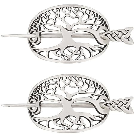 DELORIGIN 2 Stück Wikinger Keltische Haarnadeln Clips, Lebensbaum Mittelalter Haarspange Silber, keltische Haarspange Haarnadeln Metalllegierung Haarspangen für Damen Schal Pullover Vintage Schmuck