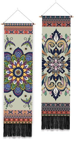 PLIGREAT 2er-Pack Mandala-Muster-Wandteppich Böhmischer Wandteppich vertikaler Wandbehang mit Quasten ästhetischer Wandbehang für Wohnzimmer langer schmaler Wandbehang Einweihungsgeschenk, 130x33 cm
