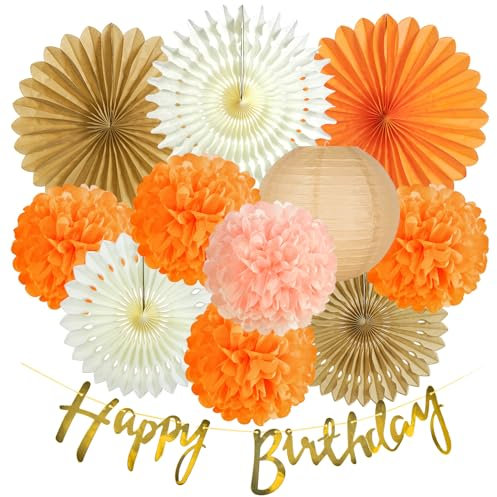 SUNBEAUTY 12 Stück Orange Geburtstage Dekoration Set mit Orange Papierfächer Pompom Papierlaternen Happy Birthday Banner für Aperol Deko Geburtstag Thanksgivingr Sommer Deko Party Dekoration