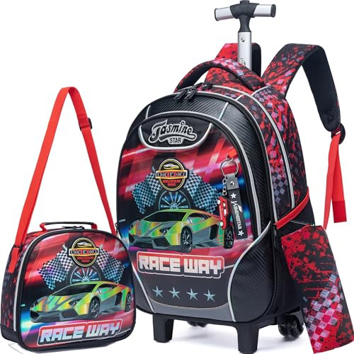 Meetbelify Kinder-Rollrucksack mit Rollen für Mädchen und Jungen, Rollrucksäcke mit Lunchbox für Grundschüler, 02 Black Car, Medium