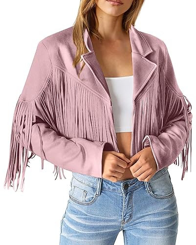 Blouson bomber pour femme en cuir marron - Veste courte élégante - Veste légère en tricot - Manteau de loisirs - Manches longues - Veste courte à franges - Veste de moto - Manteau à franges, Rose, XXL