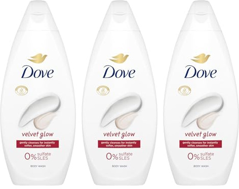 Dove Body Wash 0% Sulfate SLES for Women Made with Naturally Derived Cleansers and Plant Based Moisturiseres Gently Cleanses for Softer and Smoother Skin, 225ml (3 Pack, Velvet Glow)