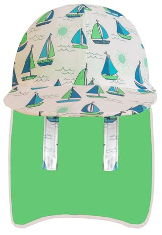 Gifts Treat Baby Boys Sonnenhut Kinder Legionärshut, UPF 50+ Sonnenschutz Badekappe Klapphut, Baby Sonnenhut mit Nackenschutz, Boote, grün, 2-4 Jahre