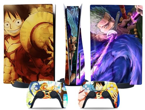 MaD Vision® Extra-Haltbares Skin-Set aus Vinyl für PS5 Disc + 5 Paar Aiming Rings | Kratzfestes Aufkleber-Set für Playstation 5 + 2 Controllers – für One Piece Manga Design