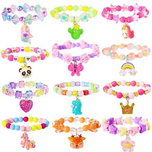 Pinkgarden 12PC Einhorn Freundschaftsarmbänder für Mädchen, Perlenarmband-Set aus Kristallglas für kleine Mädchen und Teenager, Geburtstags Partygeschenke & Weihnachtsgeschenke, Mehrfarbig & Funkelnd
