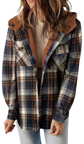 Mfhmom Kariertes Fleecejacke Damen mit Kapuze Plüschjacke Lammwolle Gefütterte Jacke Verdicken Warm Kuscheljacke Wintermantel Thermo Plüsch Mantel Teddyfleece Jacke Winter Karo Hemdjacke
