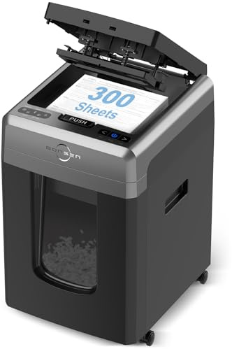 BONSEN 300-Sheet Auto Feed Micro Cut Heavy Duty Paper Shredders for Office | 60-Min Run, P-4 High Security, 2-in-1 Mode with Anti-Jam System, 58dB Ultra-quiet, 8.1-Gal Bin with Casters S3113