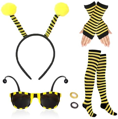 5 Stück Bienenkostüm Damen, Karneval Kostüm Damen Bienen Kostüm Erwachsene - Gestreifte Überkniestrümpfe Lange Handschuhe Haarreif Fasching mit Fühlern Biene Brille, Faschingskostüme für Cosplay Party