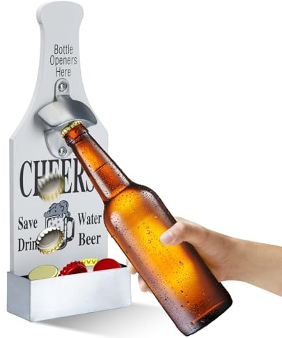 Abridor de Cerveza para Pared Abrebotellas de Madera con Bolsillo Colector de Tapas Regalo Original para Hombre Ideal para Papá, Esposo, Amigos y Colegas