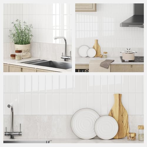 Yoillione Gruesos Azulejos Adhesivos Cocina: Azulejos Autoadhesivos Blanco para Cocina Baño - 3D Rectángulo Metro Baldosa de Pared (5 Piezas, 30.5x30.5cm)