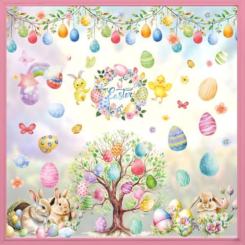 AhfuLife Fensterbilder Ostern, 9 Blätter Selbstklebend Fenstersticker Oster Aufkleber, Fensterdekoration Frühling Hasen Küken Ostereie Wiederverwendbar für Kinderzimmer Ostern Deko (Stil 5)