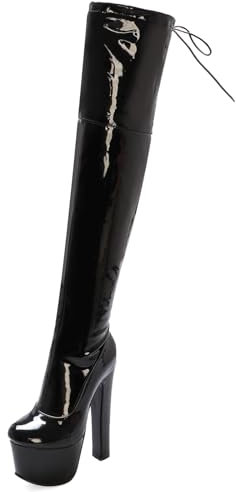 Gicoiz Donna Punta Rotonda Tacco a Blocco Sopra Il Ginocchio Thigh Stivali Alti Plateau Inverno Festa Eleganti Brillantini Sposa Scarpe da Sera Nero-Vernice Numero 44 EU-46Cn